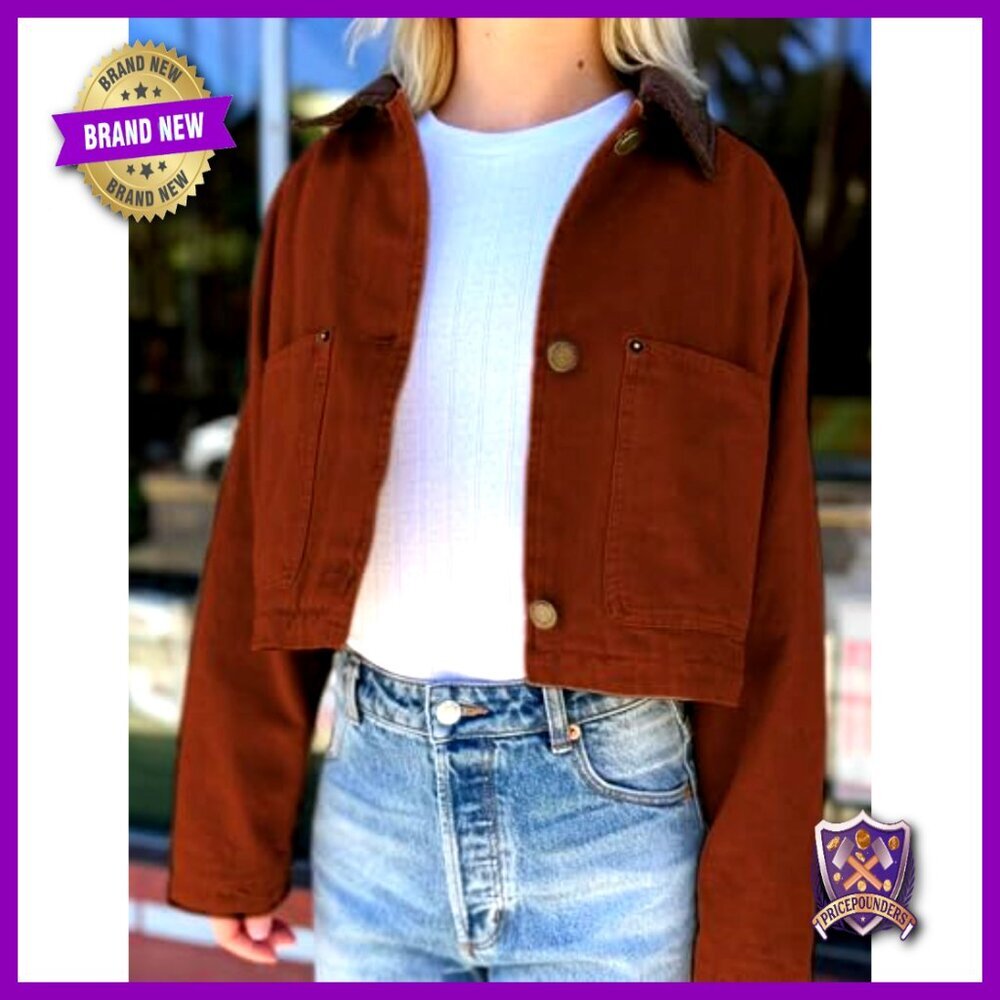 Cropped Barn Jacket Corduroy Collar Button Down Long Sleeve Vintage Y2K Chic - Picture 6 of 7